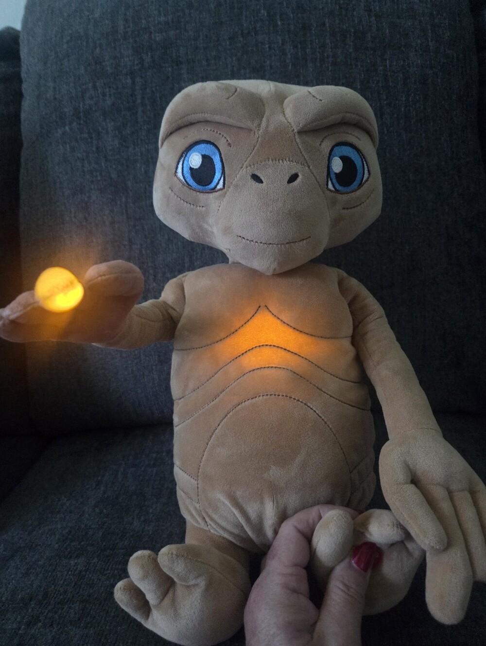 Light-Up Tan Alien E.T. Plush Toy with Glowing Chest and Fingertip